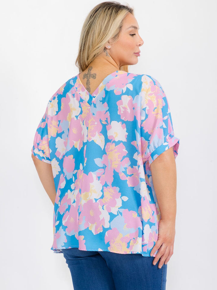 PLUS SIZE SHORT SLEEVE V-NECK FLORAL TUNIC BLOUSE