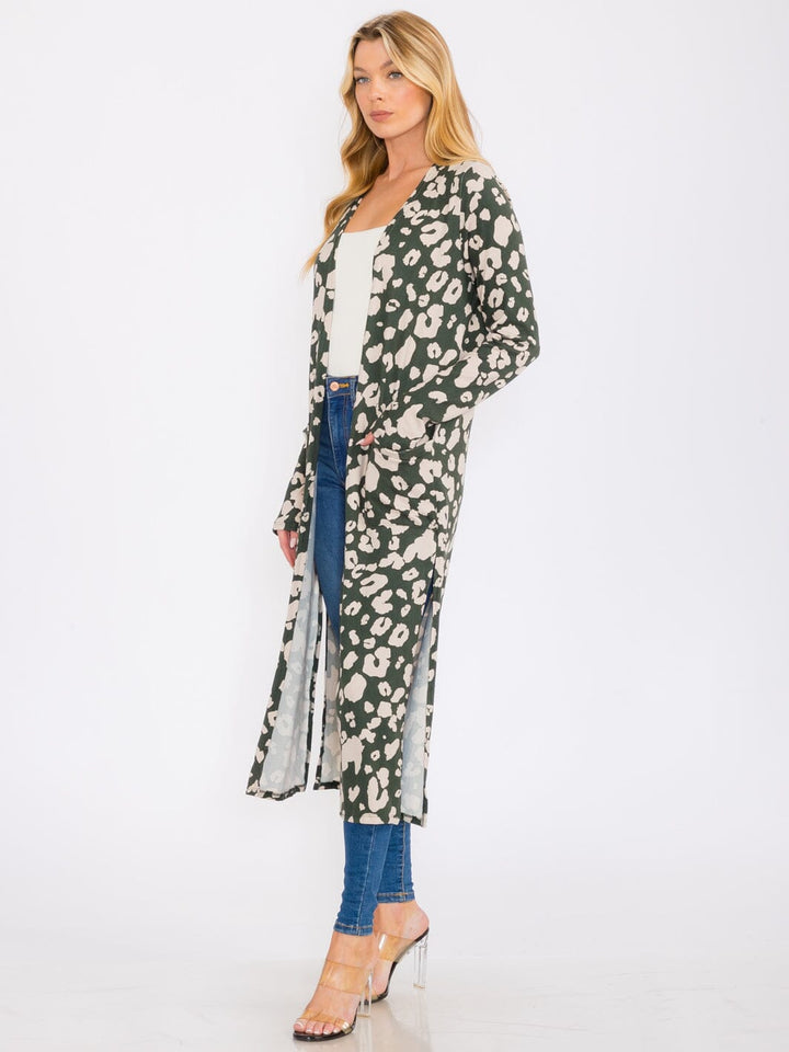 WOMEN'S LONG SLEEVES OPEN FRONT POCKETS ANIMAL PRINT CARDIGAN