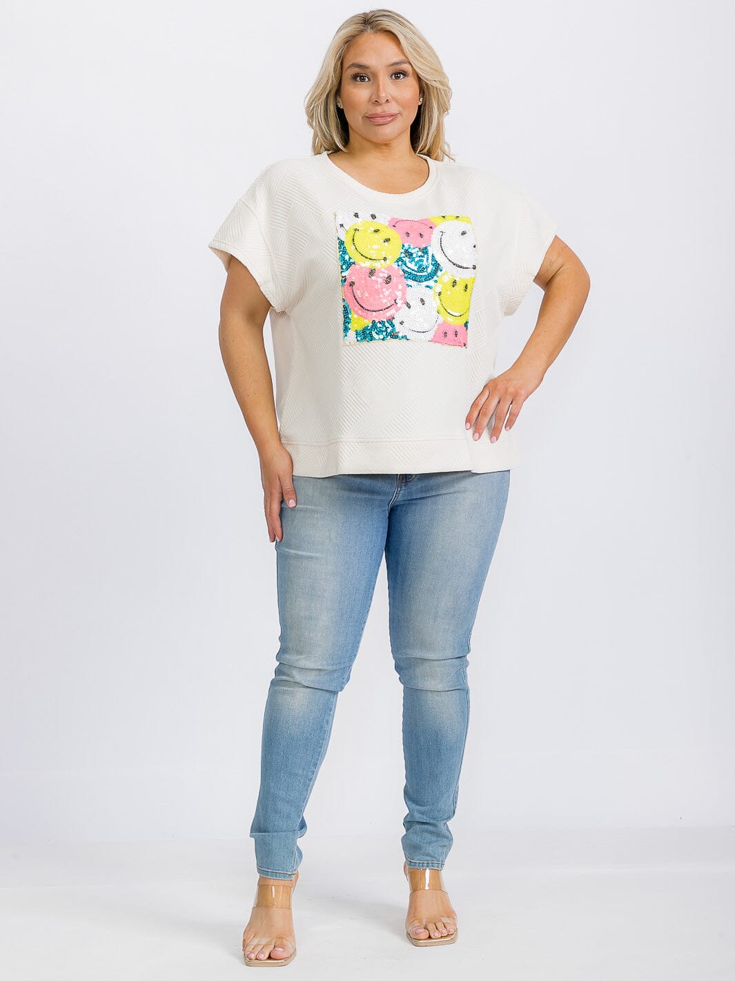 PLUS SIZE SHORT SLEEVE SEQUINS GRAPHIC TOP
