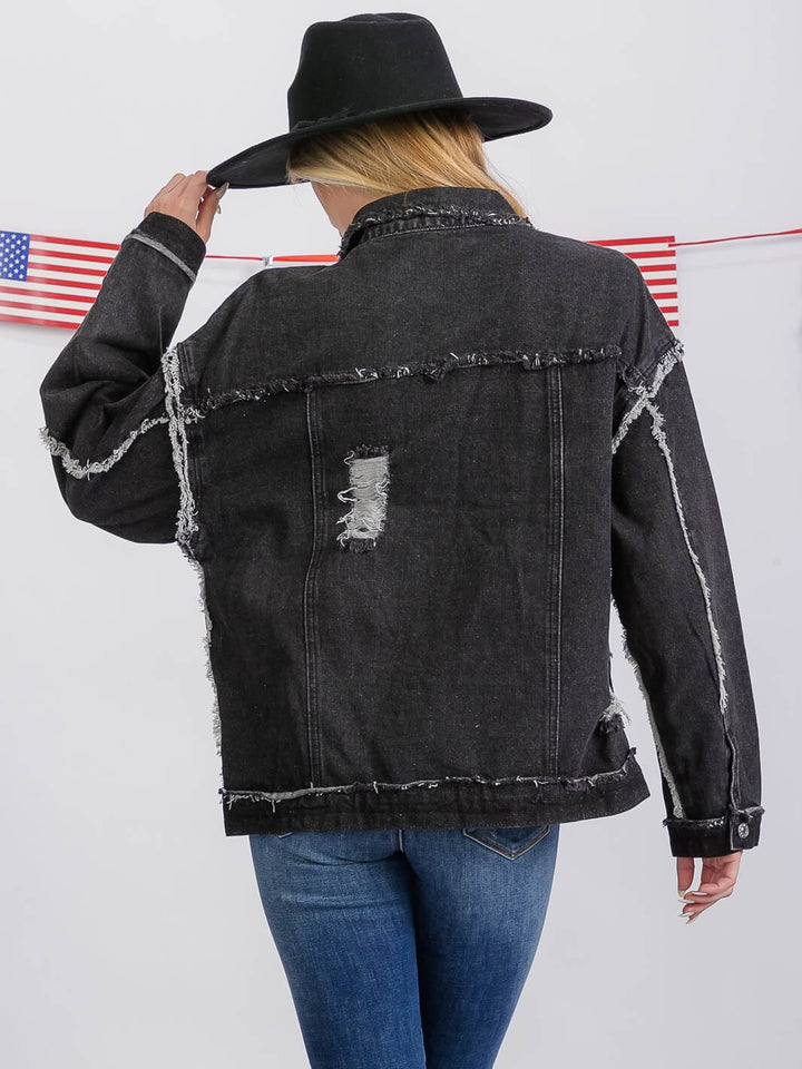 WOMEN'S LONG SLEEVE BUTTON CLOSURE FRONT POCKETS DISTRESS DENIM JACKET