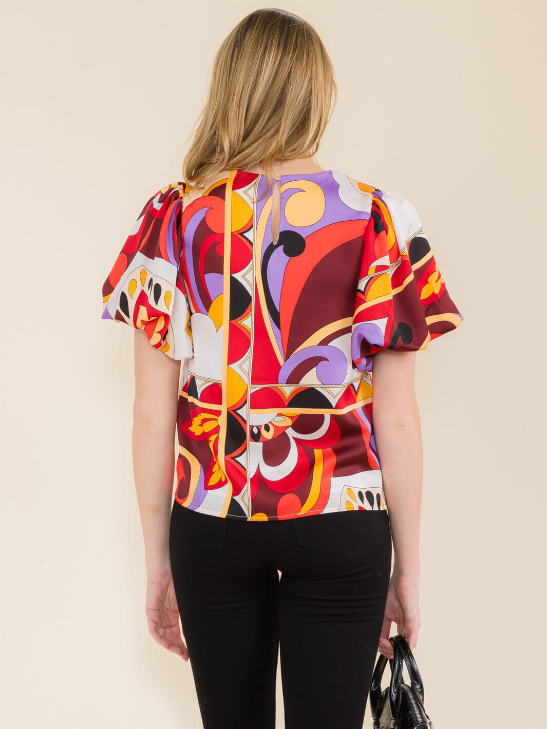 WOMEN'S SHORT SLEEVE MULTI PRINT BLOUSE