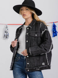 WOMEN'S LONG SLEEVE BUTTON CLOSURE FRONT POCKETS DISTRESS DENIM JACKET