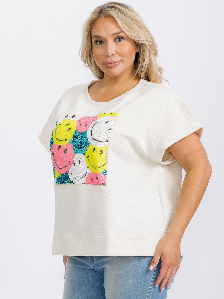 PLUS SIZE SHORT SLEEVE SEQUINS GRAPHIC TOP