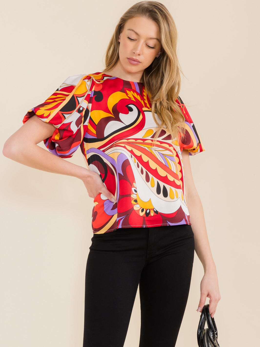 WOMEN'S SHORT SLEEVE MULTI PRINT BLOUSE