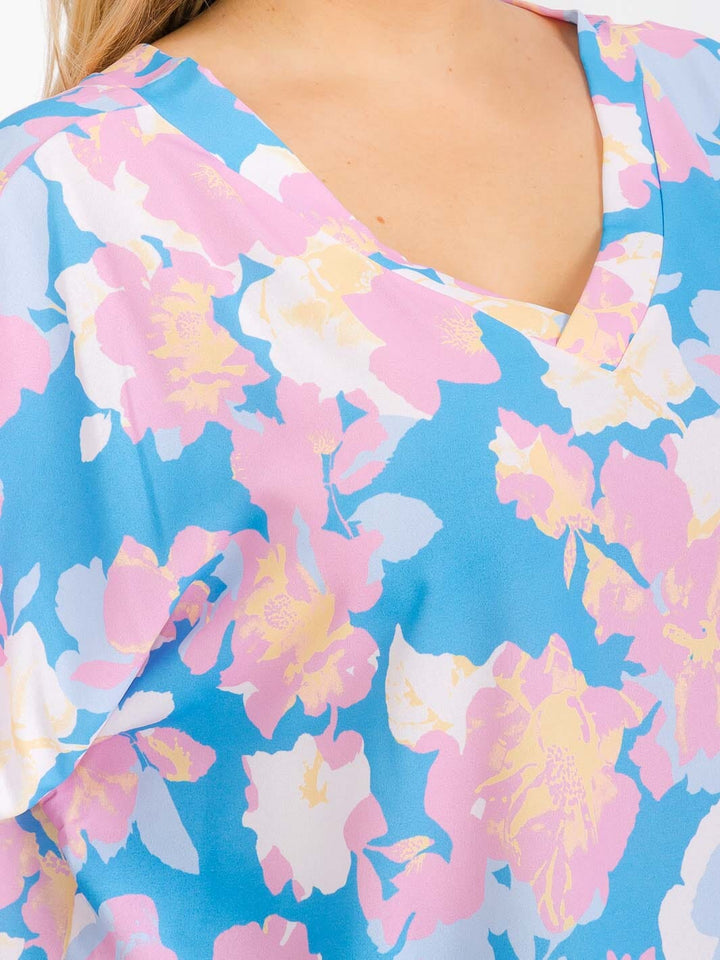 PLUS SIZE SHORT SLEEVE V-NECK FLORAL TUNIC BLOUSE
