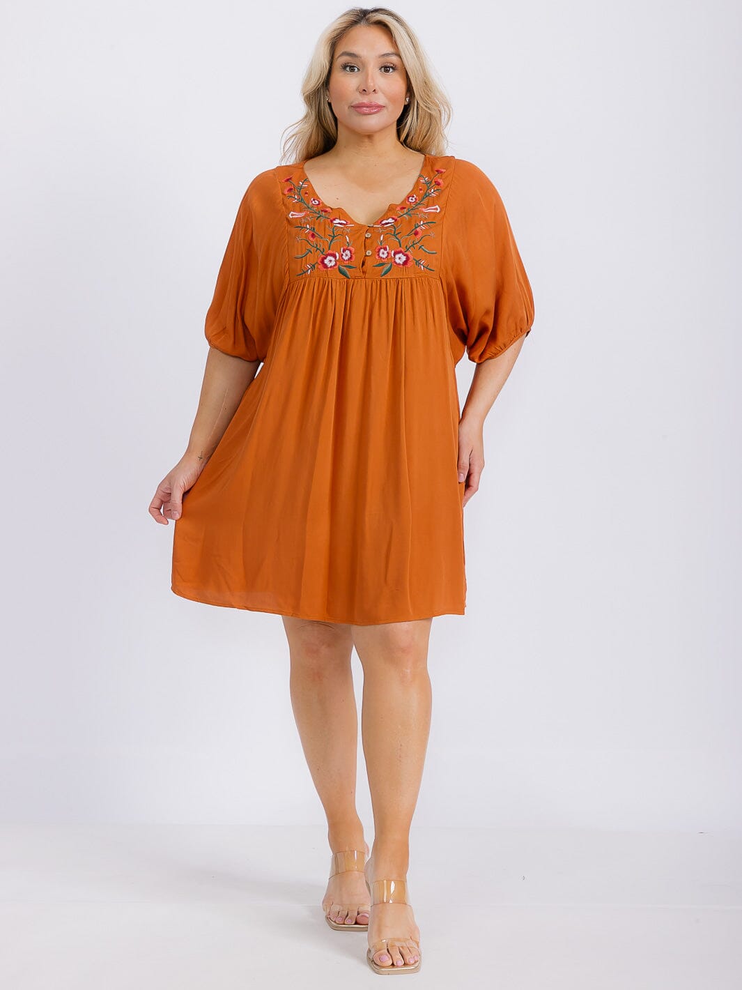 PLUS SIZE SHORT SLEEVES EMBROIDERED TRIM MINI DRESS
