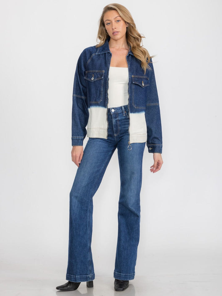 WOMEN'S LONG SLEEVE ZIP UP FRONT POCKETS GRAPHIC COLORBLOCK DENIM JACKET