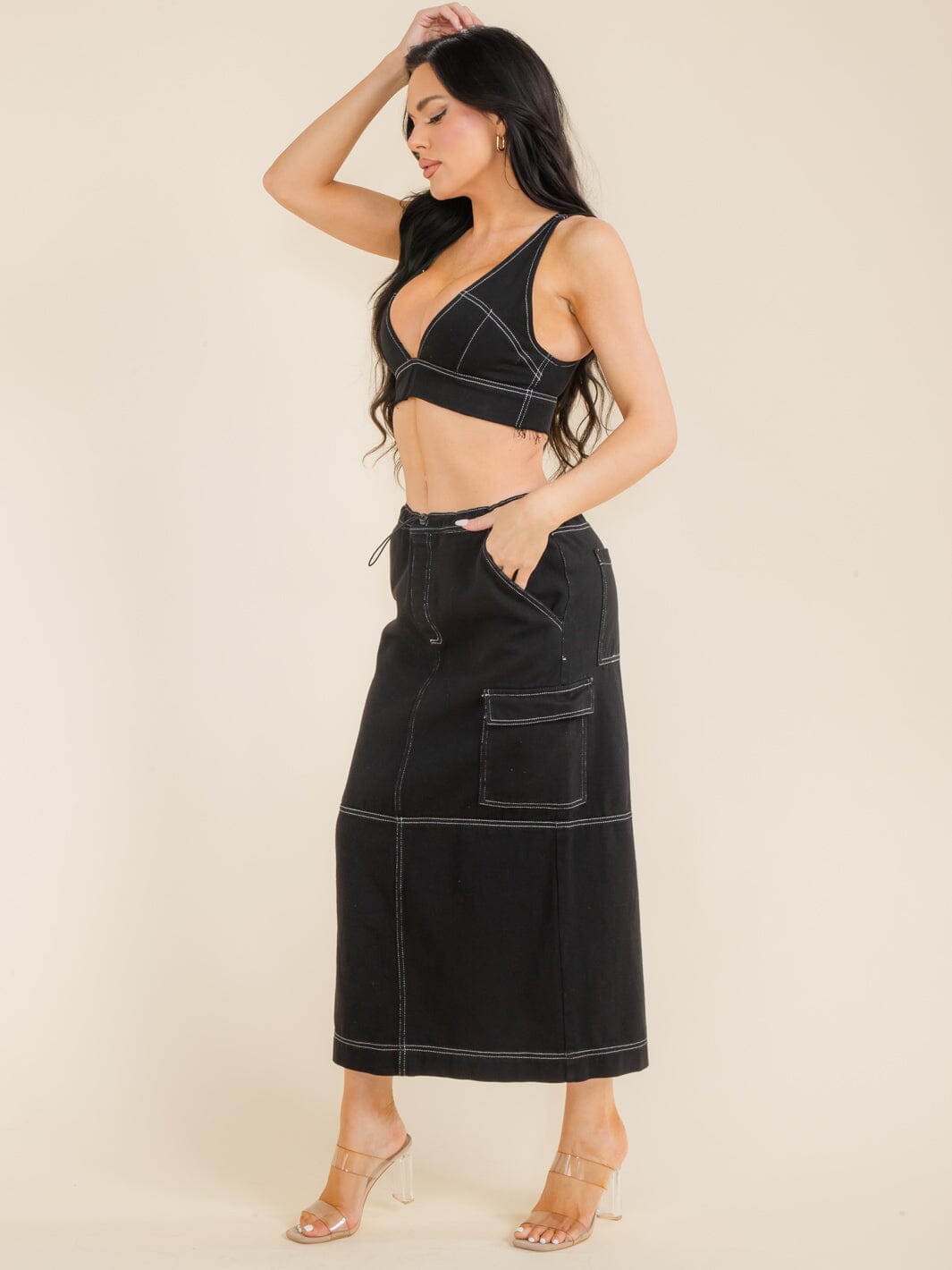 WOMEN'S SLEEVELESS CROP TOP & ADJUSTABLE WAIST MAXI SKIRT DENIM 2PC SETS