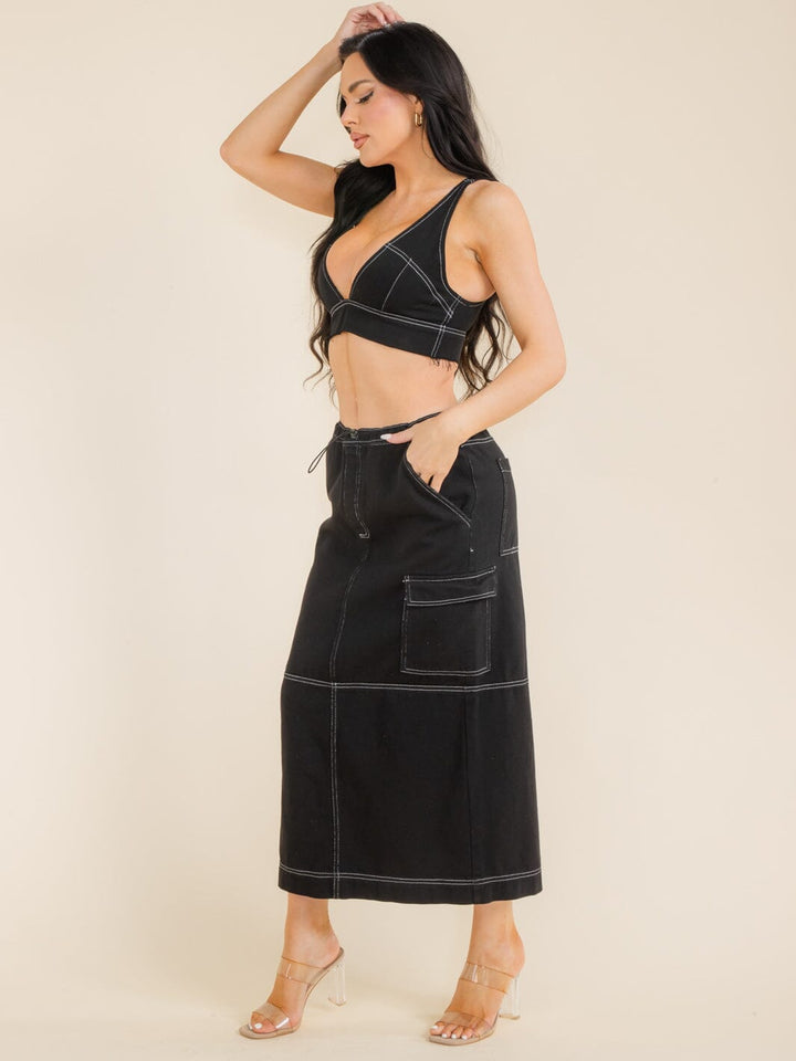 WOMEN'S SLEEVELESS CROP TOP & ADJUSTABLE WAIST MAXI SKIRT DENIM 2PC SETS