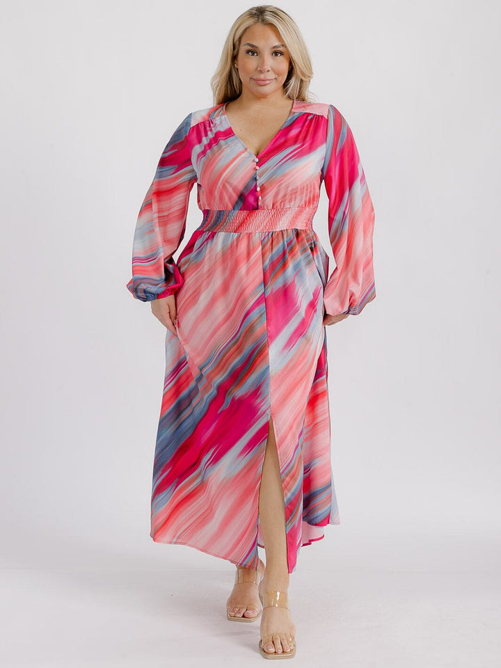 PLUS SIZE LONG SLEEVE V-NECK FRONT SLIT SMOCK WAIST MULTI PRINT MAXI DRESS