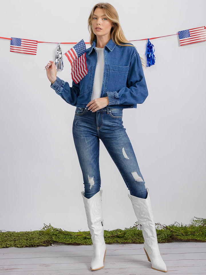 WOMEN'S LONG SLEEVE ZIPPER CLOSURE FRONT POCKETS DENIM JACKET