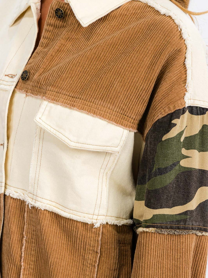 WOMEN'S LONG SLEEVE BUTTON CLOSURE CORDUROY COLORBLOCK DENIMI JACKET