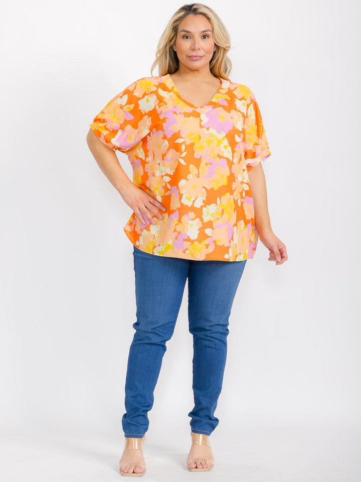 PLUS SIZE SHORT SLEEVE V-NECK FLORAL TUNIC BLOUSE