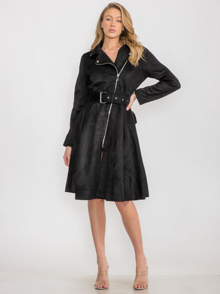 WOMEN'S LONG SLEEVE ZIPPER CLOSURE BELTED MIDI DRESS