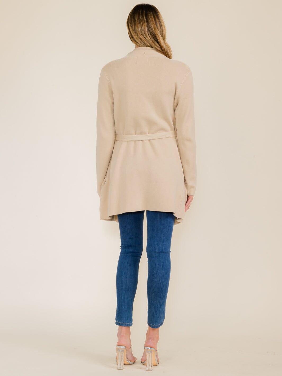 WOMEN'S LONG SLEEVE OPEN FRONT POCKETS SELF TIE CARDIGAN