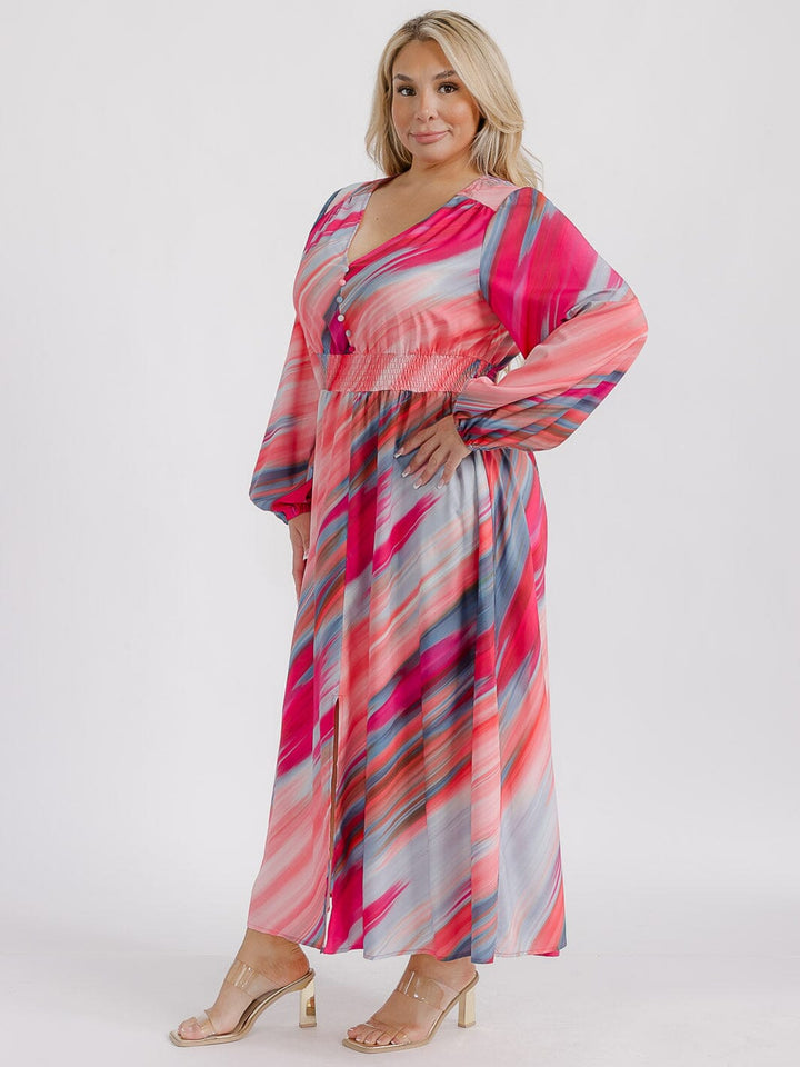 PLUS SIZE LONG SLEEVE V-NECK FRONT SLIT SMOCK WAIST MULTI PRINT MAXI DRESS
