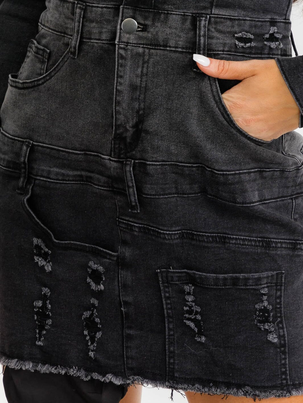 WOMEN'S LONG SLEEVE BUTTON UP POCKETS WASHED DENIM MIDI DRESS