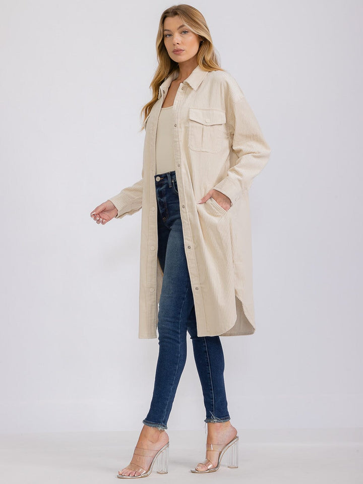 WOMEN'S LONG SLEEVE BUTTON CLOSURE CORDUROY SHACKET COAT