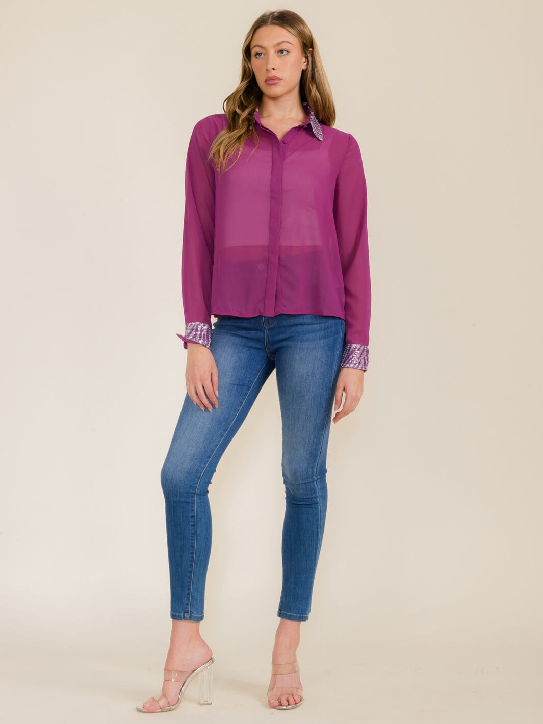 WOMEN'S LONG SLEEVE BUTTON UP SEQUINS COLLAR SHEER BLOUSE