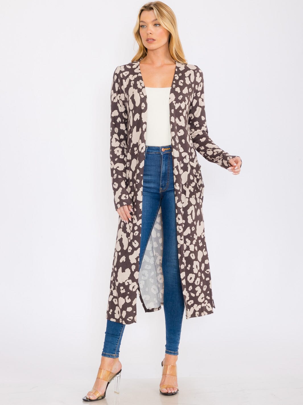 WOMEN'S LONG SLEEVES OPEN FRONT POCKETS ANIMAL PRINT CARDIGAN