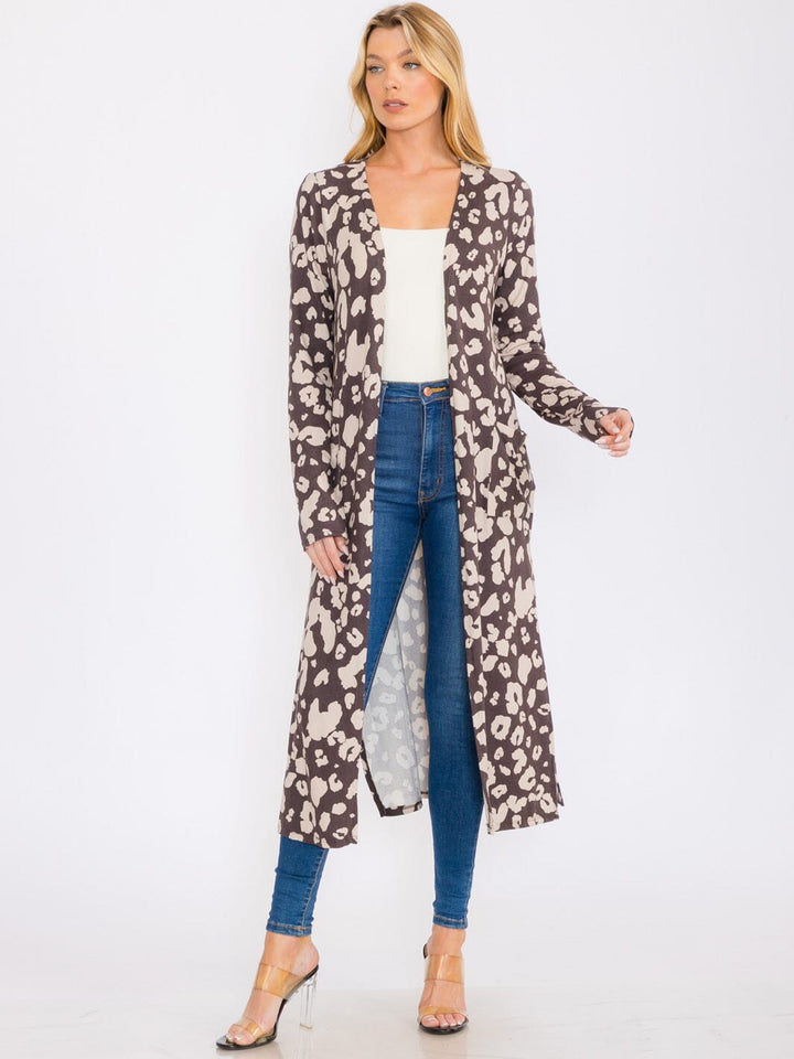 WOMEN'S LONG SLEEVES OPEN FRONT POCKETS ANIMAL PRINT CARDIGAN