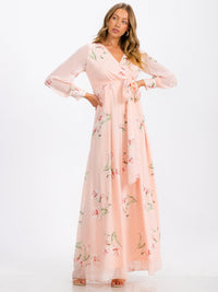 WOMEN'S LONG SLEEVE SURPLICE SELF TIE FLORAL MAXI DRESS