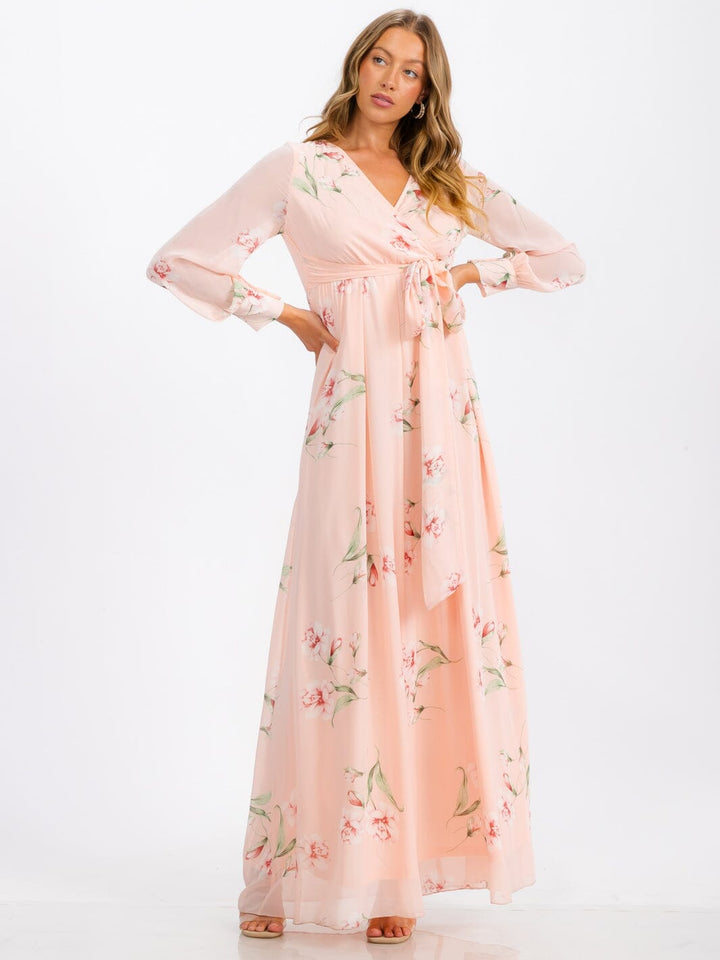 WOMEN'S LONG SLEEVE SURPLICE SELF TIE FLORAL MAXI DRESS