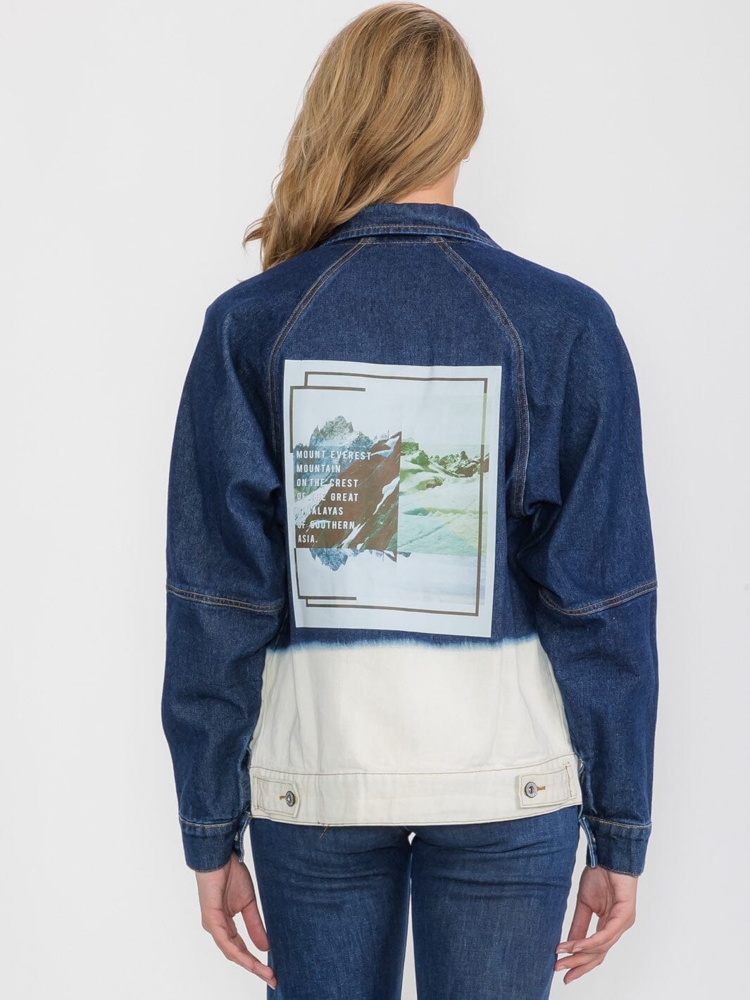 WOMEN'S LONG SLEEVE ZIP UP FRONT POCKETS GRAPHIC COLORBLOCK DENIM JACKET