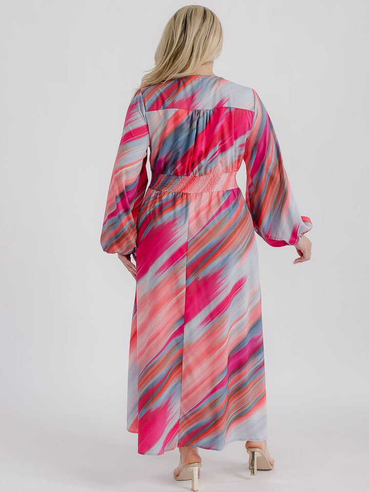 PLUS SIZE LONG SLEEVE V-NECK FRONT SLIT SMOCK WAIST MULTI PRINT MAXI DRESS