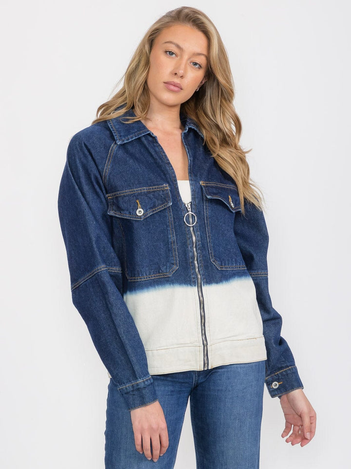 WOMEN'S LONG SLEEVE ZIP UP FRONT POCKETS GRAPHIC COLORBLOCK DENIM JACKET