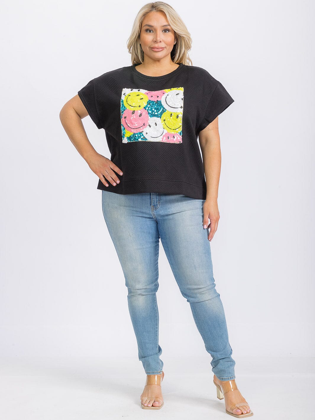 PLUS SIZE SHORT SLEEVE SEQUINS GRAPHIC TOP