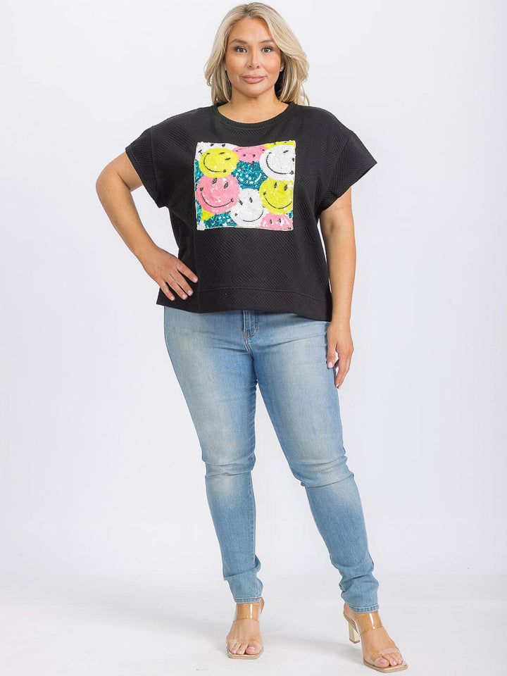 PLUS SIZE SHORT SLEEVE SEQUINS GRAPHIC TOP