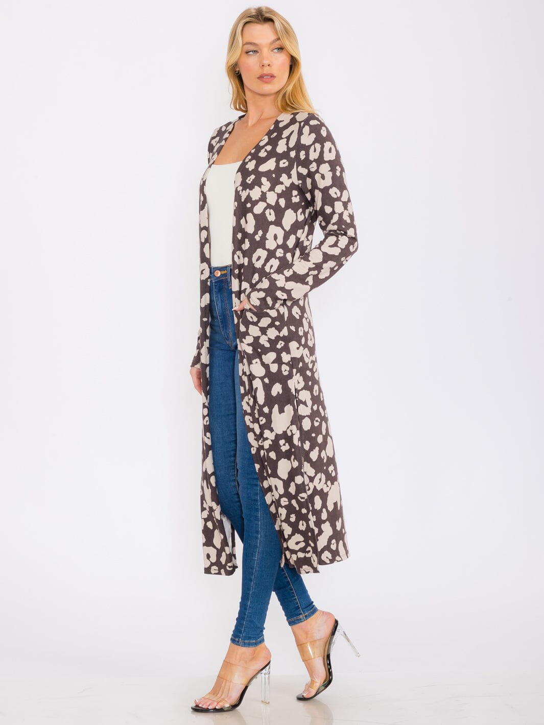 WOMEN'S LONG SLEEVES OPEN FRONT POCKETS ANIMAL PRINT CARDIGAN