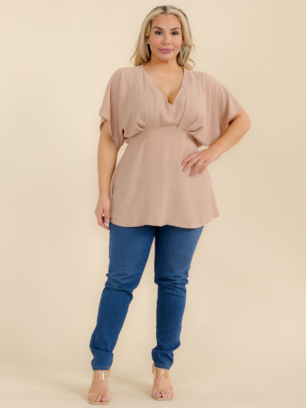 PLUS SIZE SHORT SLEEVE V-NECK PEPLUM TUNIC BLOUSE