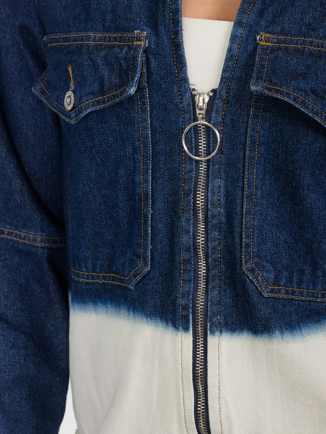 WOMEN'S LONG SLEEVE ZIP UP FRONT POCKETS GRAPHIC COLORBLOCK DENIM JACKET