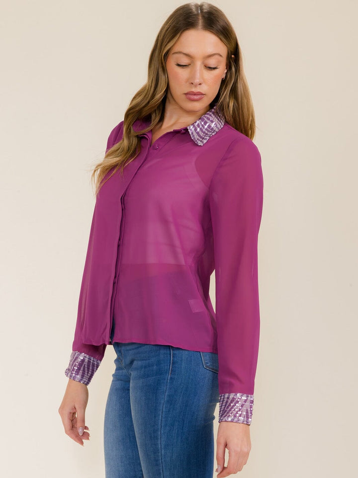 WOMEN'S LONG SLEEVE BUTTON UP SEQUINS COLLAR SHEER BLOUSE