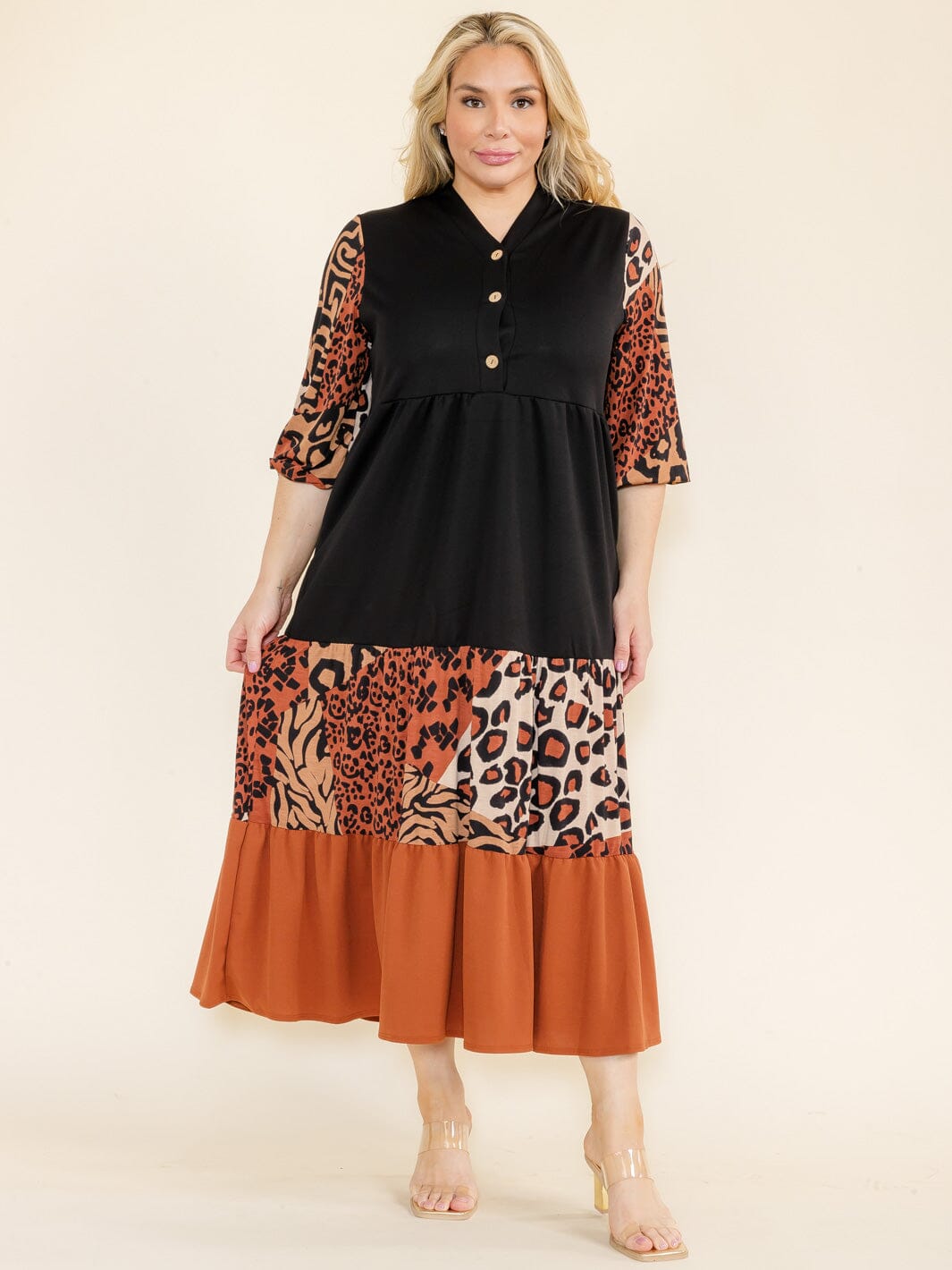 PLUS SIZE 3/4 SLEEVE FRONT POCKETS ANIMAL PRINT COLORBLOCK MAXI DRESS