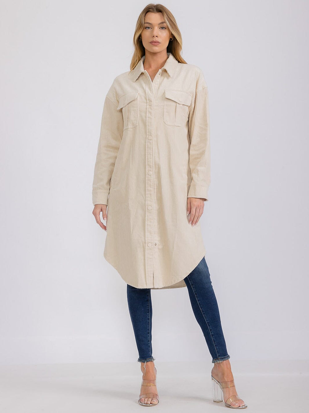 WOMEN'S LONG SLEEVE BUTTON CLOSURE CORDUROY SHACKET COAT
