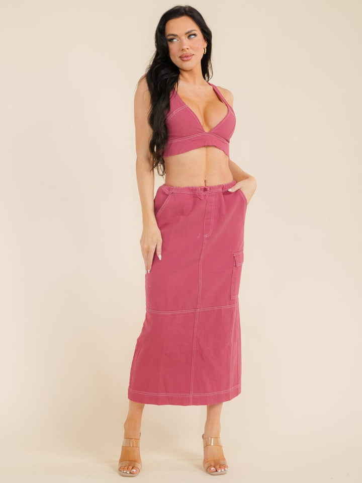 WOMEN'S SLEEVELESS CROP TOP & ADJUSTABLE WAIST MAXI SKIRT DENIM 2PC SETS
