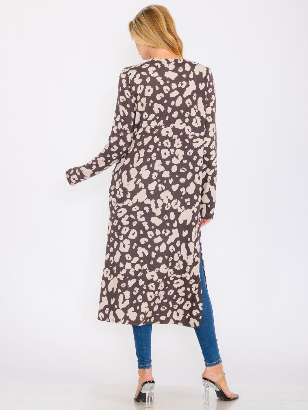 WOMEN'S LONG SLEEVES OPEN FRONT POCKETS ANIMAL PRINT CARDIGAN