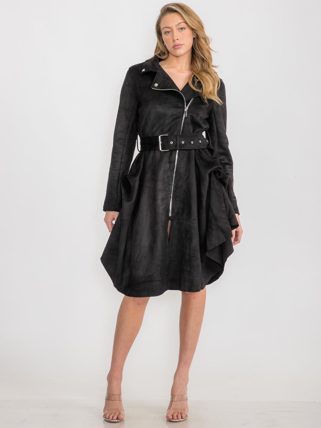 WOMEN'S LONG SLEEVE ZIPPER CLOSURE BELTED MIDI DRESS