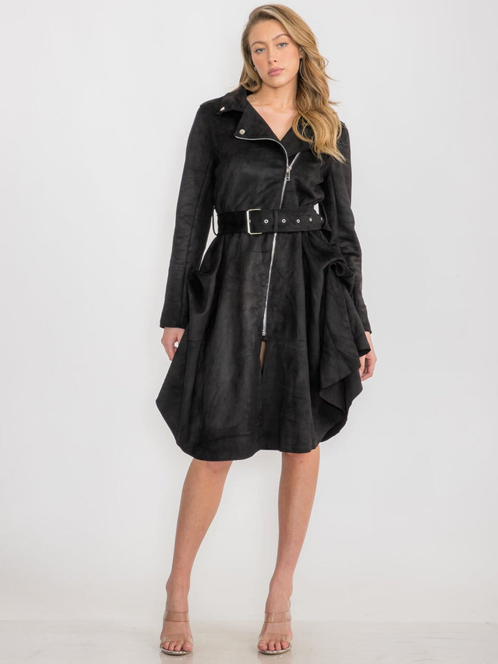 WOMEN'S LONG SLEEVE ZIPPER CLOSURE BELTED MIDI DRESS