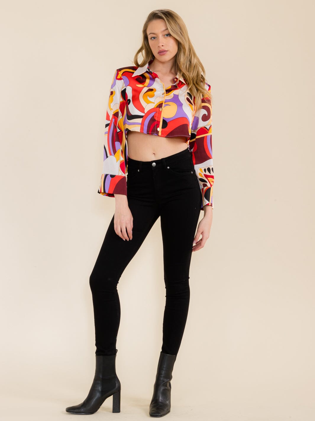 WOMEN'S LONG SLEEVE SHOULDER PADS BUTTON DOWN MULTI PRINT CROP TOP