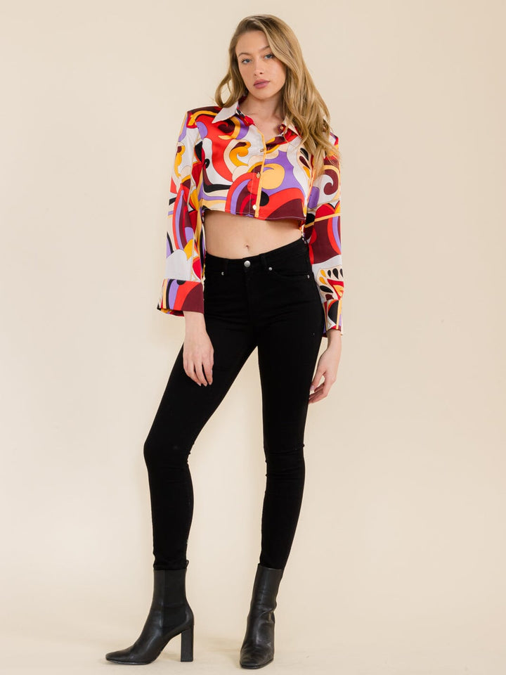 WOMEN'S LONG SLEEVE SHOULDER PADS BUTTON DOWN MULTI PRINT CROP TOP