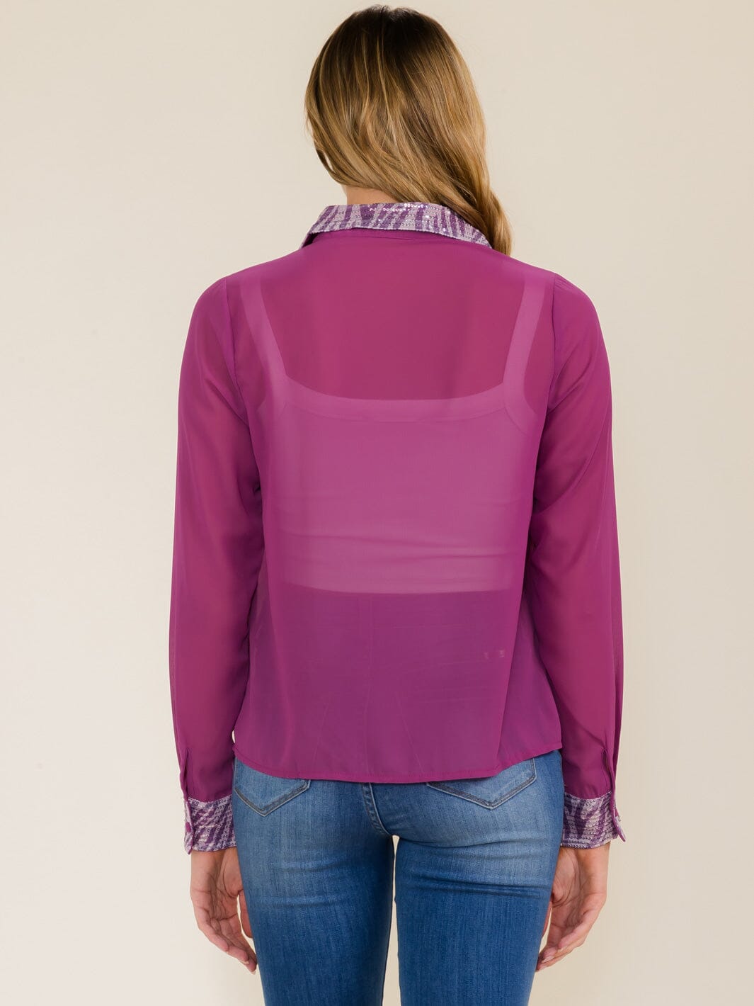 WOMEN'S LONG SLEEVE BUTTON UP SEQUINS COLLAR SHEER BLOUSE