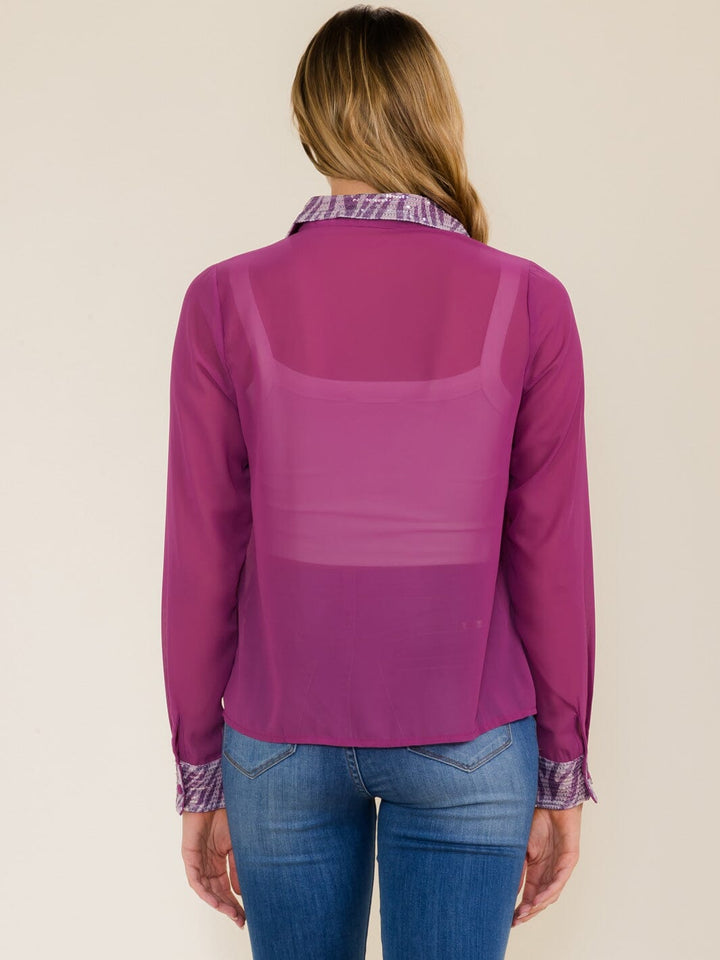 WOMEN'S LONG SLEEVE BUTTON UP SEQUINS COLLAR SHEER BLOUSE