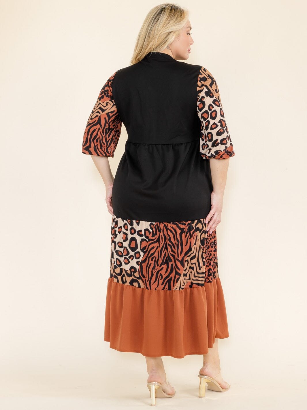 PLUS SIZE 3/4 SLEEVE FRONT POCKETS ANIMAL PRINT COLORBLOCK MAXI DRESS