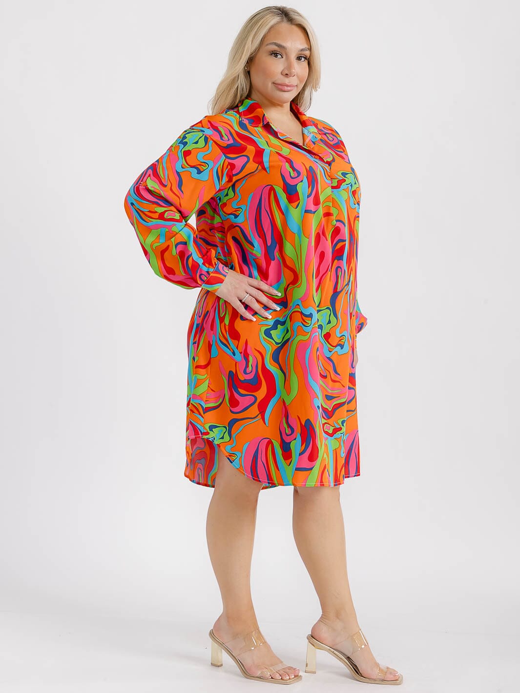 PLUS SIZE LONG SLEEVE BUTTON CLOSURE TUNIC MULTI PRINT MIDI DRESS