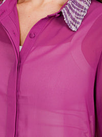 WOMEN'S LONG SLEEVE BUTTON UP SEQUINS COLLAR SHEER BLOUSE