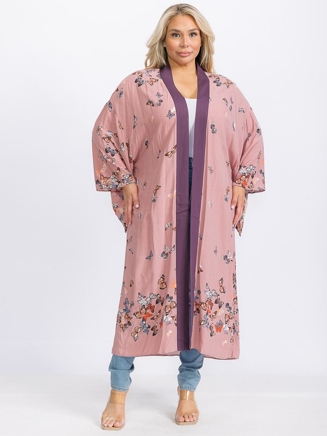 PLUS SIZE LONG SLEEVE OPEN FRONT FLORAL KIMONO